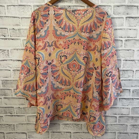 Women’s Zac & Rachel yellow, coral & blue v-neck floral tunic top Medium - Picture 2 of 4